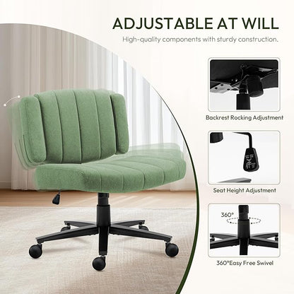 Vigosit Green Criss Cross Office Chair with Wheels, Ergonomic Wide Seat Vanity & Dressing Table Chair, Adjustable Arms Swivel Rolling Desk Chair for Women, Comfortable Cross-Legged Support