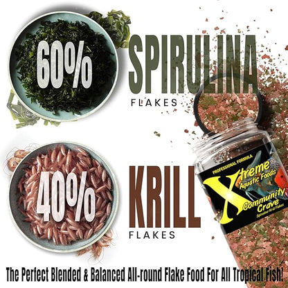 Xtreme Community Crave Flake - Krill & Spirulina Blend for Vibrant Colors, Immune Support and Digestive Health, Tropical & Freshwater Fish Nutrition – Premium Community Aquarium Food (16oz)
