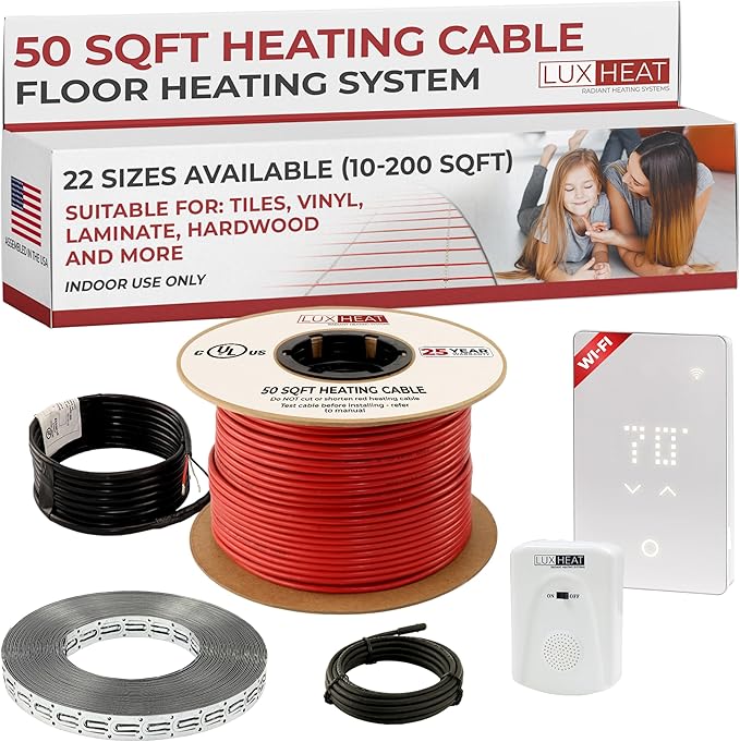 LuxHeat 50sqft Floor Heating Cable Kit - 240v Under Floor Heater Kit - Complete