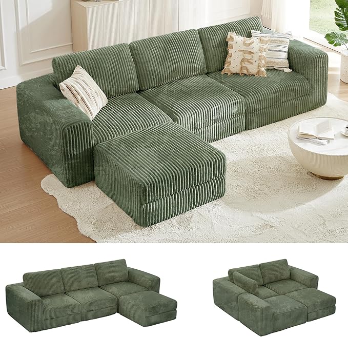 ONBRILL 110" Modular Sectional Sofa, L Shaped Couch 4 Seater with Sleeper Chaise, Sectional Couch with Deep Seat,Upholstered Corduroy Cloud Couches for Living Room,Bedroom,No Assembly Required,Green