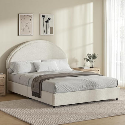 Queen Bed Frame, Boucle Upholstered Platform Bed Frame with Rounded Corners, Soft Bedframe with Round Headboard, No Box Spring Required, Easy Assembly, White