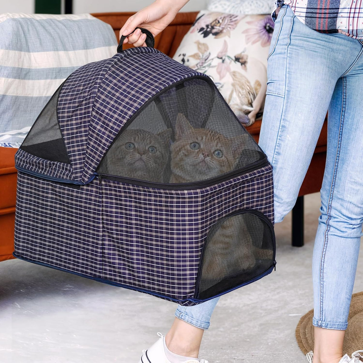 Magshion Foldable Pet Stroller, 3-in-1 Dog Travel Jogger with Detachable Carrier, Cup Holder, Storage Basket, Folding Carrier for Small/Medium Dogs & Cats Up to 33 lbs, Plaid