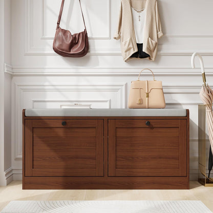 MHOM Brown Modern Entryway Bench with 2 Flip Drawers, Entryway Shoe Bench with Padded Seat Cushion, Wooden Storage Bench for Bedroom and Apartment