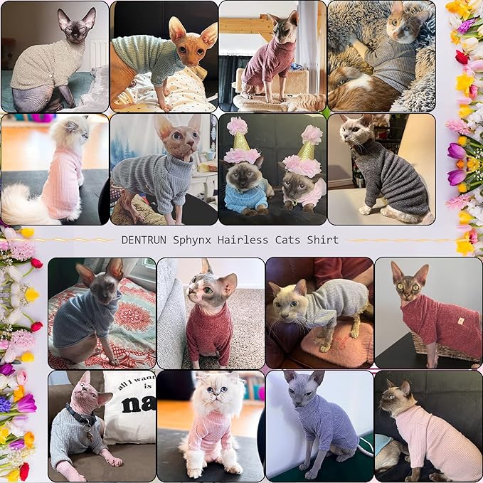 DENTRUN Sphynx Hairless Cats Shirt Pullover Kitten T-Shirts, Breathable Cat Wear Turtleneck Sweater Adorable Cat's Clothes Vest Pajamas Jumpsuit