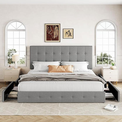 Allewie Upholstered King Size Platform Bed Frame with 4 Storage Drawers and Headboard, Square Stitched Button Tufted, Mattress Foundation with Wooden Slats Support, No Box Spring Needed, Light Grey