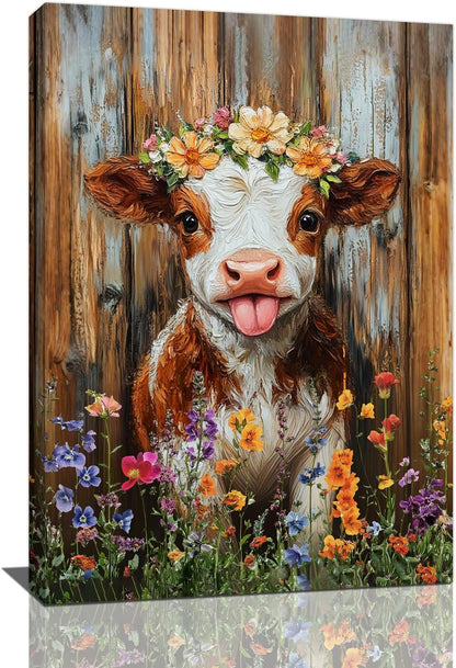 Funny Cow Bathroom Pictures Wall Art, Rustic Brown Cute Cow Bathroom Wall Decor, Farmhouse Floral Framed Painting Animal Flower Canvas Artwork for Bedroom Living Room Decorations 24"L x 16"W