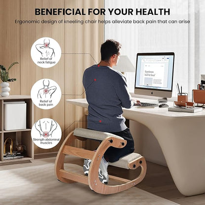 Easyego Kneeling Chair Ergonomic Posture Chair, Wood Adjustable Rocking Knee with Soft Padding, Natural Relief for Neck or Back Pain for Home Office, Max Load 300 lb - Beige