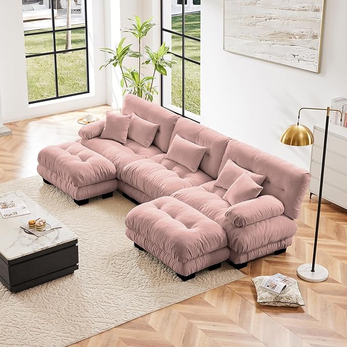 Pink Ottoman for Modular Sectional Sofa, Single Sofa, Ottoman Seat for Convertible Sectional, Chenille Sofa Couch for Living Room, Bedroom, Apartment