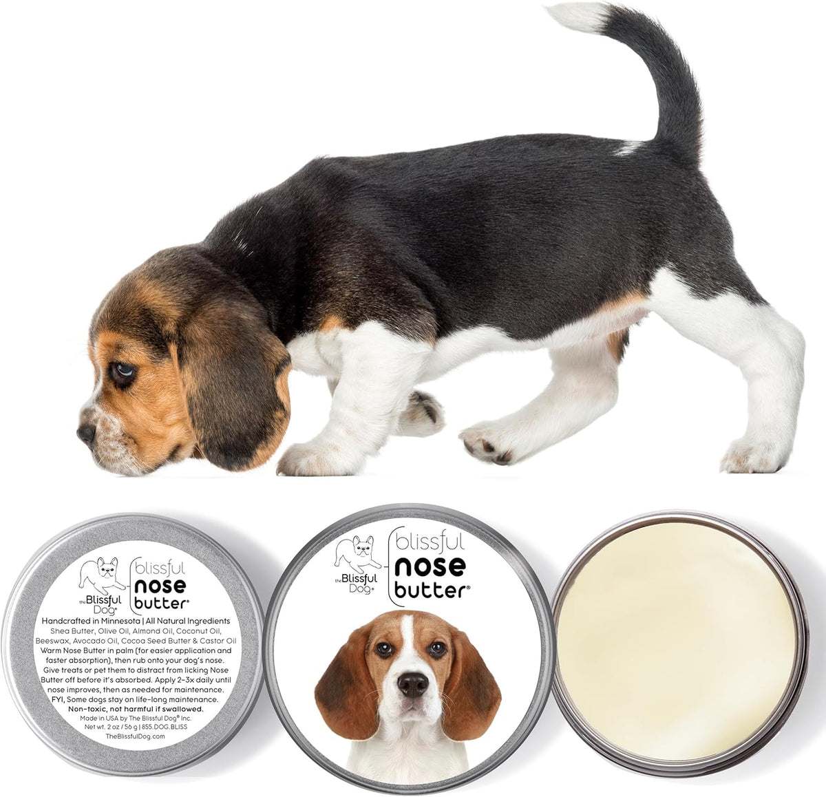 The Blissful Dog Beagle Nose Butter for Dry, Cracked Skin, Lick-Safe Dog Nose Balm with Moisturizing Shea Butter, Almond, Olive, and Essential Oils, Pet Supplies, Uncented, 4 oz.