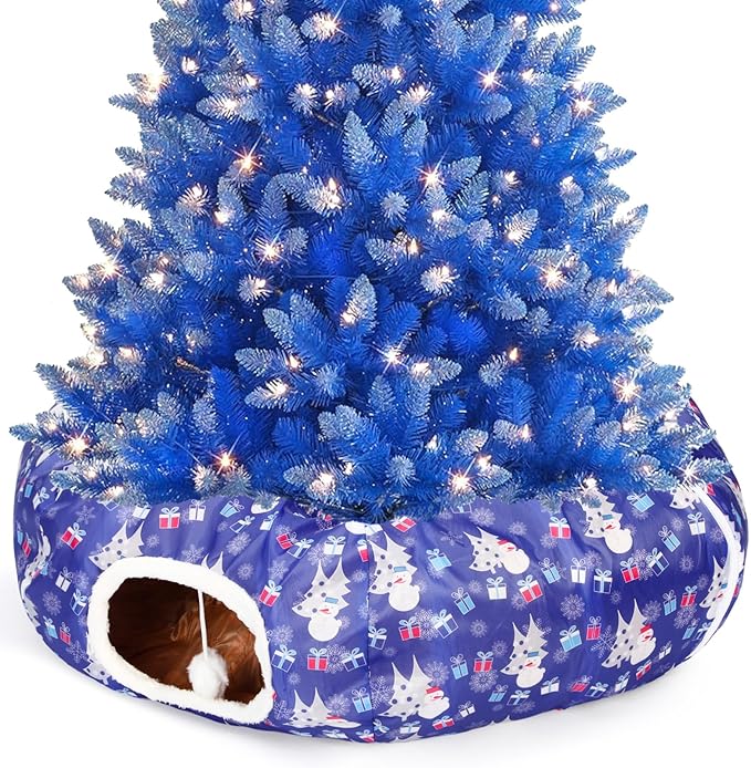 Christmas Cat Tunnel Bed for Indoor Cats Under Christmas Tree Skirt Tube with Hanging Ball Plush Cat Cave, Washable Holiday Pet Gift Toy & Gift for Kittens(Snowman)