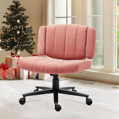 Vigosit Pink Criss Cross Office Chair with Wheels, Ergonomic Wide Seat Vanity & Dressing Table Chair, Adjustable Arms Swivel Rolling Desk Chair for Women, Comfortable Cross-Legged Support