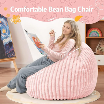 Homguava 2FT Bean Bag Chair, 2' Small Bean Bags with Memory Foam Filled, Beanbag Chairs with Machine Washable Cover Dutch Corded Plush Cover for Classroom,Living Room,Bedroom-Soft Pink