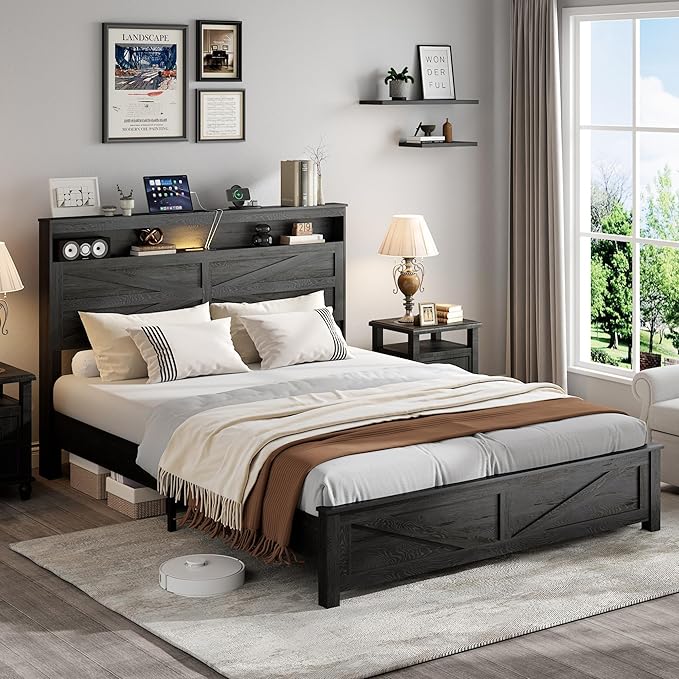 Farmhouse Queen Size Bed Frame with Headboard Storage Shelf, Wood Platform Bed Frame with LED Lights & Charging Station, Rustic Black Metal Bed, No Box Spring Needed, Noise-Free Sturdy Structure