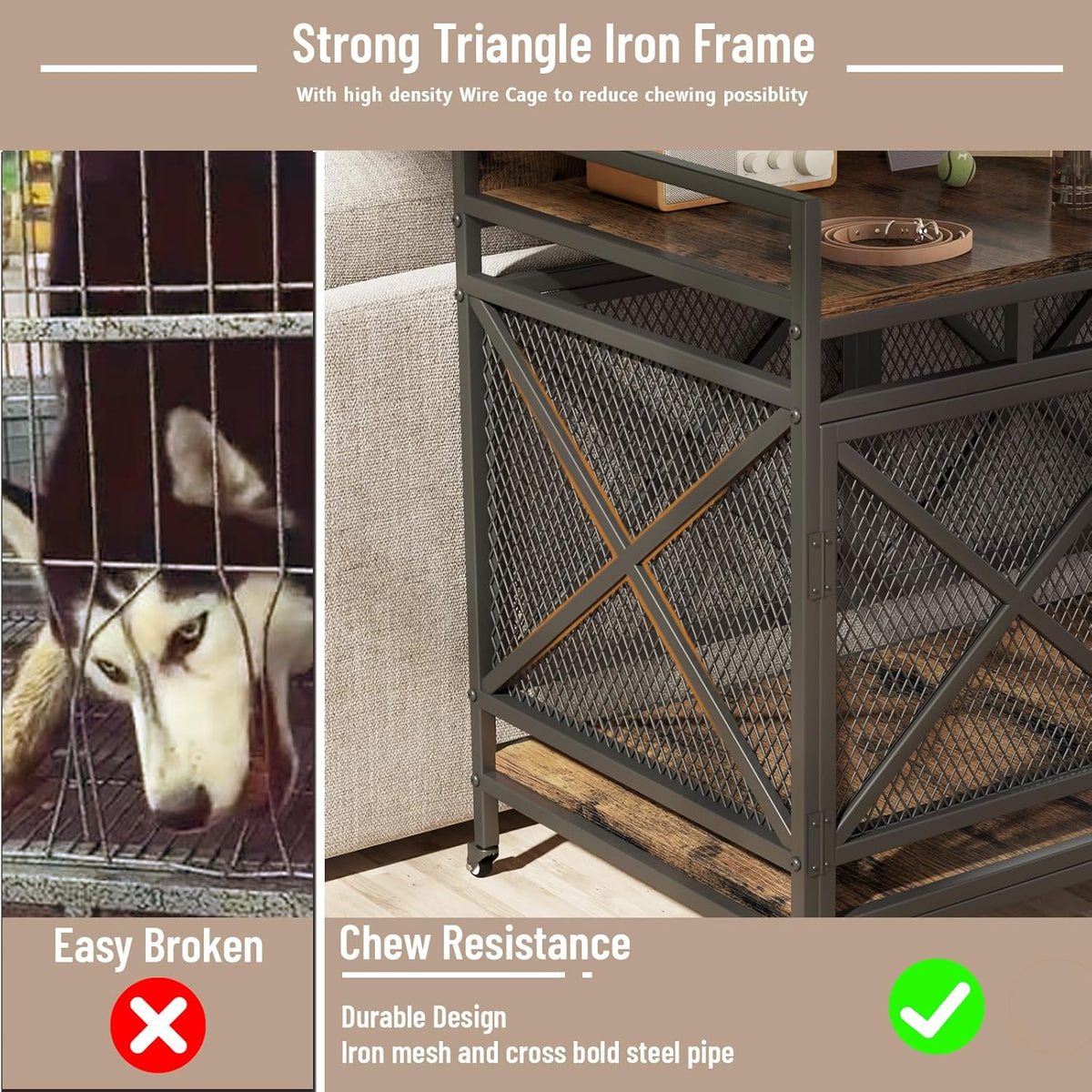 COZPAW Large Dog Crate Furniture, 48 Inch Wooden Dog Kennel for XLarge Dogs, Heavy Duty Dogs Furniture Indoor Wire Dog Cage with Caster Wheels, Decorative Pet House End Table, Brown