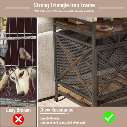 COZPAW Large Dog Crate Furniture, 48 Inch Wooden Dog Kennel for XLarge Dogs, Heavy Duty Dogs Furniture Indoor Wire Dog Cage with Caster Wheels, Decorative Pet House End Table, Brown