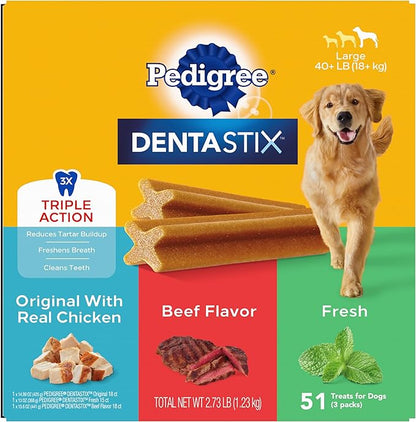 Pedigree Dentastix Large Breed Dog Treats, Original, Beef & Fresh Flavor, 2.73 lb. Variety Pack (51 Treats)