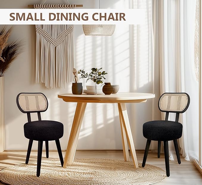 ZYBT Rattan Dining Chair, Boho Makeup Vanity Chair for Makeup Room, Mid Century Modern Boucle Chair, Black Cane Dining Chairs, Upholstered Wood Accent Chair, Cute Sherpa Chair with Back, 1 Pc