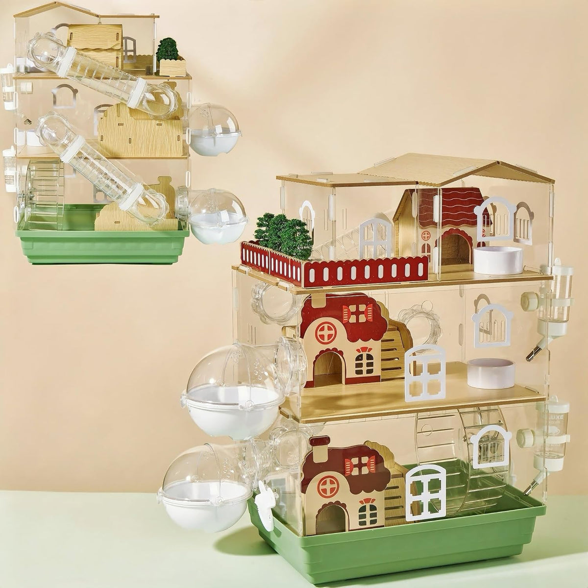 17 in 1 Clear Acrylic Hamster Cage with All Accessories,13.5''L* 10''W* 21''H Dwarf Hamster Cage,Magnetic Connection Small Hamster Enclosure,Garden Style Wooden Pet Mouse Cage for Pet Mice(3-Layer)