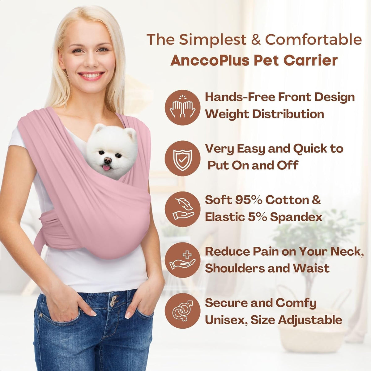 Dog Carriers for Small Dogs, Front Facing Dog Sling Carrier, Hands Free Cat Carrier, Size Adjustable, Reducing Back Pain, Premium Cotton, Safe and Soft Dog Carrier (Regular, Light Pink)