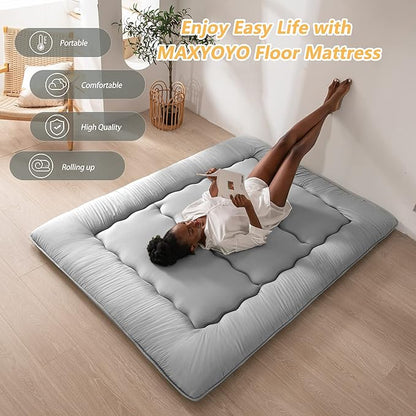 MAXYOYO Japanese Floor Mattress Futon Mattress, Thicken Daybed Futon Roll Up Guest Mattress Thicken Sleeping Pad Foldable Tatami Mat Floor Lounger Bed Couches and Sofas, Grey, Queen