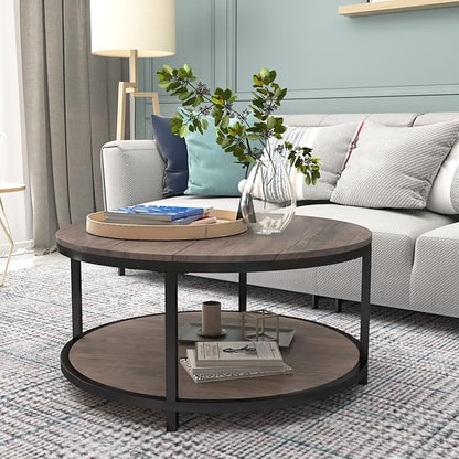 NSdirect Round Coffee Table, 36” Coffee Table for Living Room, 2-Tier Wood Desktop & Sturdy Metal Legs Table Home Furniture with Storage Shelf (Walnut)