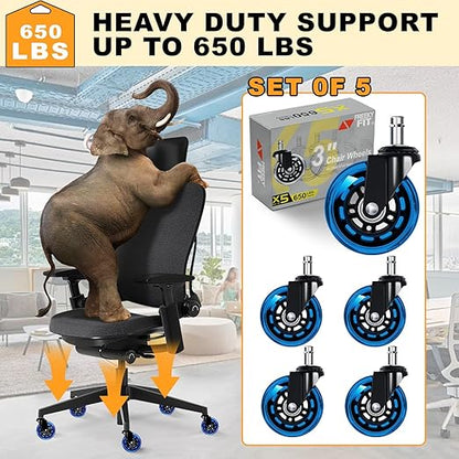 FreekyFit Office Chair Wheels for Casters Replacement - 3" Rubber Wheels for Computer Gaming Desk Caster Smooth & Safe Rolling for All Floors Including Hardwood and Carpet - Set of 5 - Blue