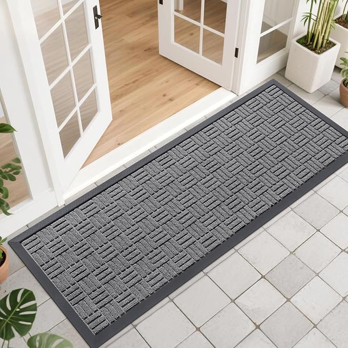 OLANLY Front Door Mat Outside Entrance 47x17, Absorbent, Heavy Duty Sturdy Natural Rubber Doormat Indoor Outdoor, Stain and Fade Resistant, Non-Slip Backing Low Profile Floor Mat for Entryway, Grey