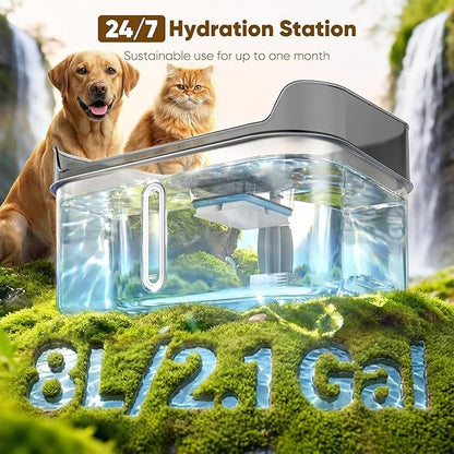 Large Stainless Steel Dog Water Fountain no Spill, 2.1Gal/8L with 8 Filters | Automatic Dog Water Bowl Dispenser, Super Quiet Cat Fountain, Dog Bowl to Drinkg Inside, Gifts for Pets