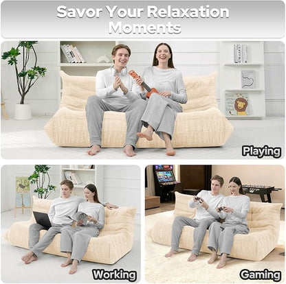 HABUTWAY Bean Bag Chairs Fireside Lazy Floor Sofa, Soft Teddy Fleece 3 Seater Sofa with High-Resilience Foam Filling，Beanbag for Living Room, Bedroom, Office (Khaki Teddy)