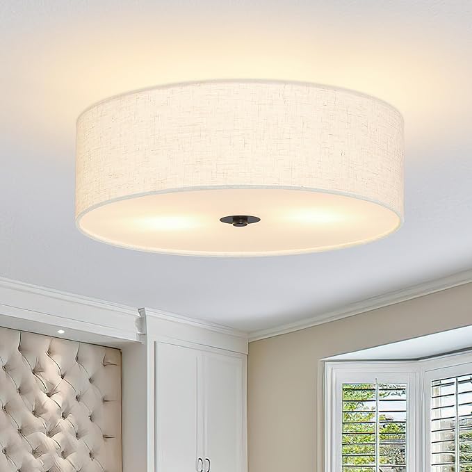 12.6 Inch Flush Mount Ceiling Light 2-Light Drum Modern Black Light Fixture Ceiling Light Fixture Close to Ceiling Light Fixture with Fabric Shade for Living Room Hallway Entryway Kitchen Bedroom