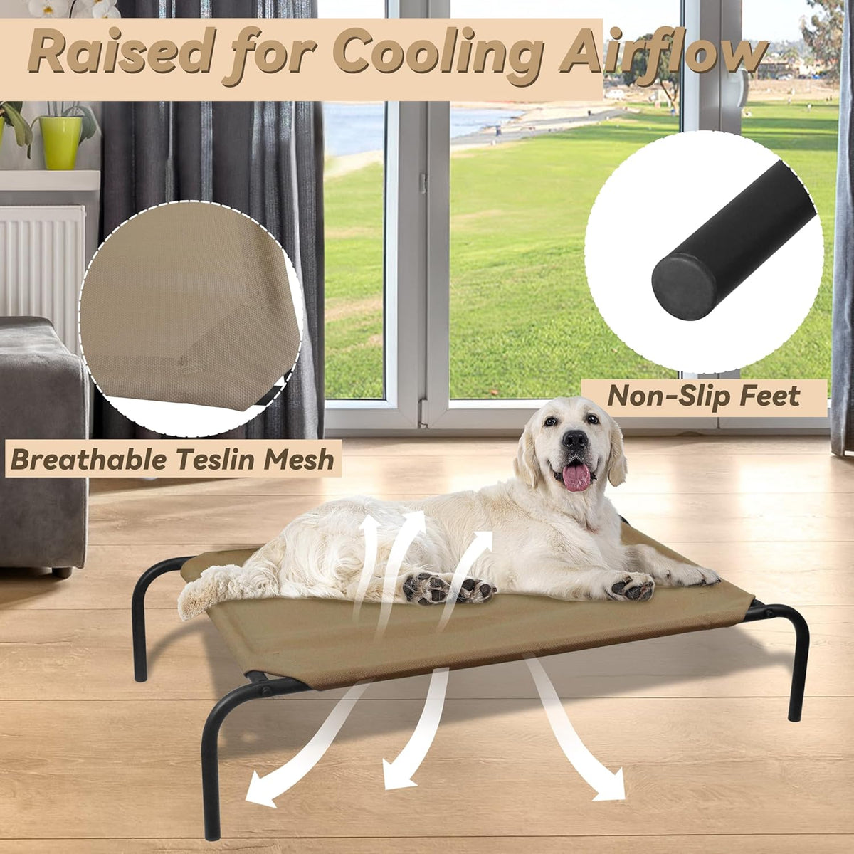 Breathable Elevated Dog Bed. Cool, supportive rest for large dogs, indoors or out.
