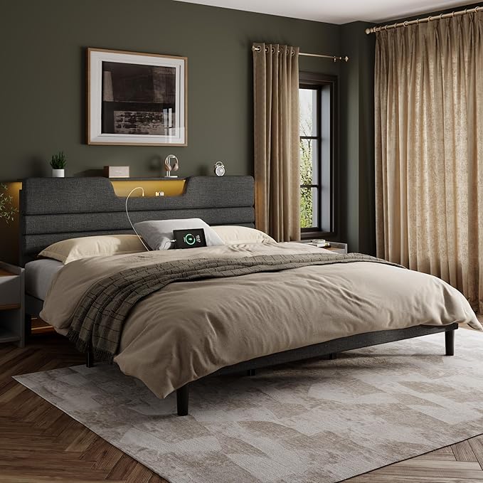 King Size Bed Frames with Upholstered Headboard, Modern Platform Bed with Charging Station and Led Lights, Bed Frame with Sturdy Wooden Slats/No Box Spring Needed/2-Tier Storage, Grey