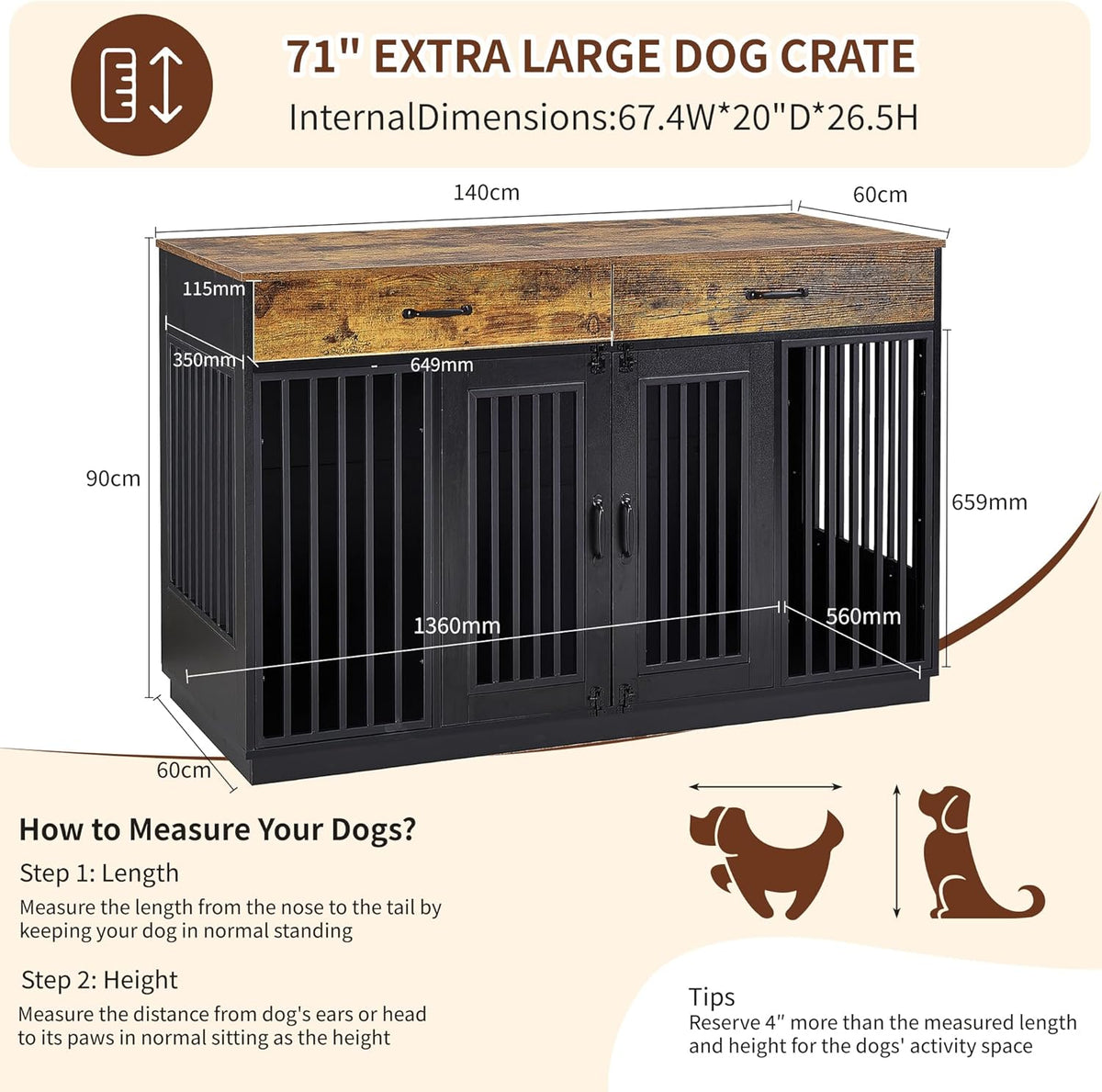VECELO Dog Crate Furniture for Medium/Large Dogs, Wooden Dog Cage with Drawers, Double Door, Dog Kennel End Table, Brown