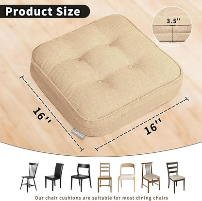 GOFORIT Memory Foam Cushion，Square Seat Cushions for Dining Chairs,Non-Slip Chair Pads with Removable Cover, 16'' x 16'', 2 Pack,Khaki