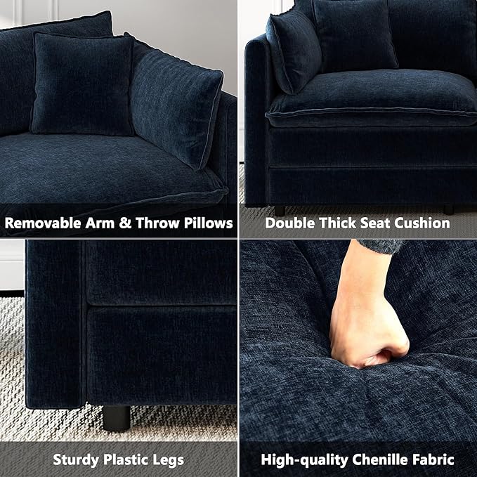 Aoowow Modular Sectional Sofa Modern Convertible Loveseat Couch,77.16 Inch Deep 2-Seater Sofas Comfy Chenille Cloud Sofas and Couches Set with 2 Movable Ottoman for Living Room Apartment（Blue）