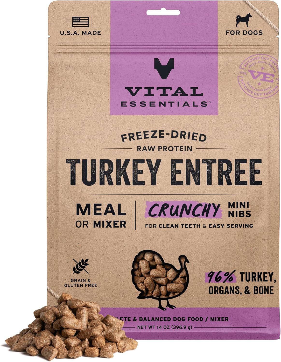 Vital Essentials Freeze-Dried Raw Turkey Meal or Mixer Dog Food Crunchy Mini Nibs, 14 oz