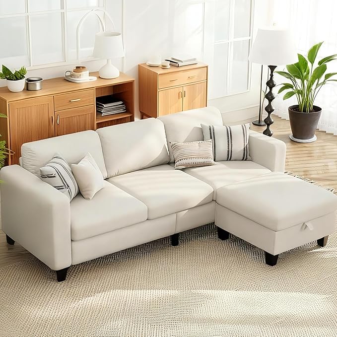 Small Sectional Couch, L Shaped Sectional White Couch in a Box, Small Couches with Ottoman, 3 Seater Sofa for Living Room, Apartment, Dorm, Office