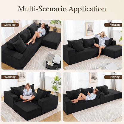 INGEROOM 108" Cloud Sectional Couch with L-Shape Chaise, Modular Sofa Memory Foam, Boneless Sofa with Movable Ottoman, Plush Corduroy Memory Foam Couch for Living Room, No Assembly, Black