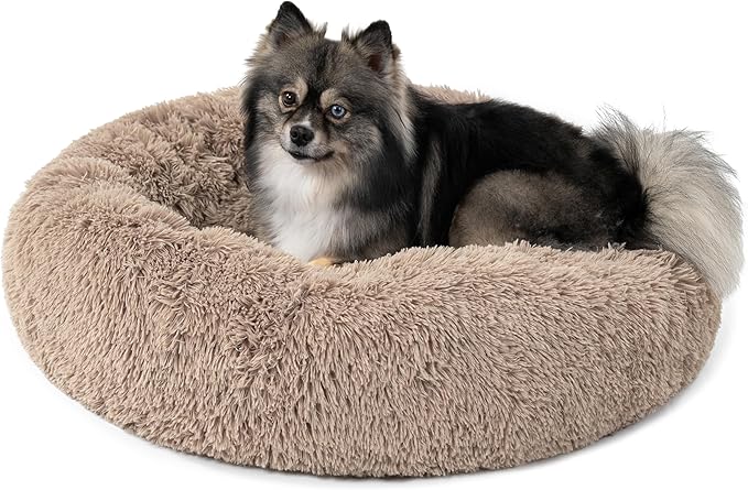 PetAmi Calming Dog Bed for Small Medium Dog Cat, Round Donut Dog Bed Washable, Fluffy Faux Fur Plush Cuddler Pet Kitten Cushion Bed, Anti-Slip, Fits up to 25 lbs, 23 inch, Taupe
