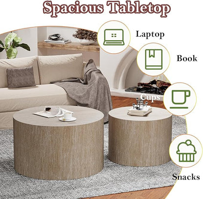 Round Travertine Coffee Table Set of 2 Modern Stripe Circle Nesting Side Tables No Assembly for Living Room Balcony Yard (E-26.77+19.7in)