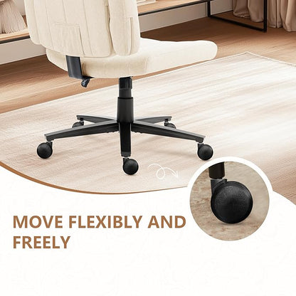 Vigosit White Criss Cross Office Chair with Wheels, Ergonomic Wide Seat Vanity & Dressing Table Chair, Adjustable Arms Swivel Rolling Desk Chair for Women, Comfortable Cross-Legged Support