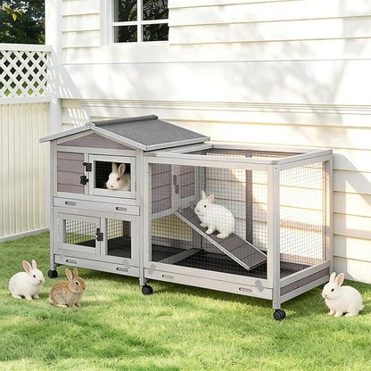 Gutinneen Large Indoor Rabbit Hutch Bunny Cage with Chew-Proof Ramp, Locking Leak-Proof Trays - Outdoor 62" Wooden Rabbit Cage with 6 Wheels for Rabbits, Guinea Pigs, Small Animals (Grey)