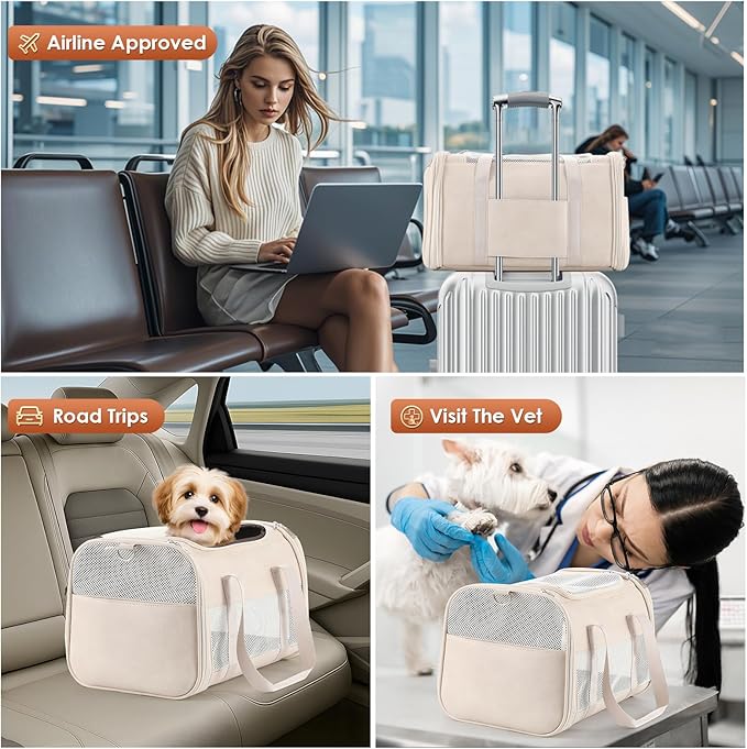 Fashion Leather Dog Carrier, Airline Approved Cat Carrier Soft Sided Pet Bag Carrier Purse for Puppy Kitten Small Animals White