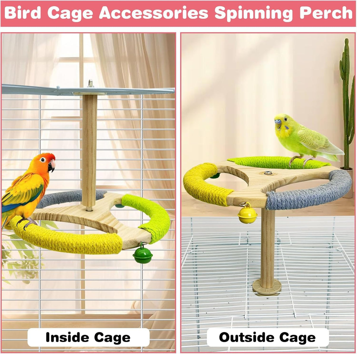 PINVNBY Hanging Bird Stand Perch Toy Wooden Spinning Parrot Perch with Cotton Rope and Bell Interactive Cockatiel Toy Bird Cage Accessories for Parakeets Conures Budgies Finches Lovebirds