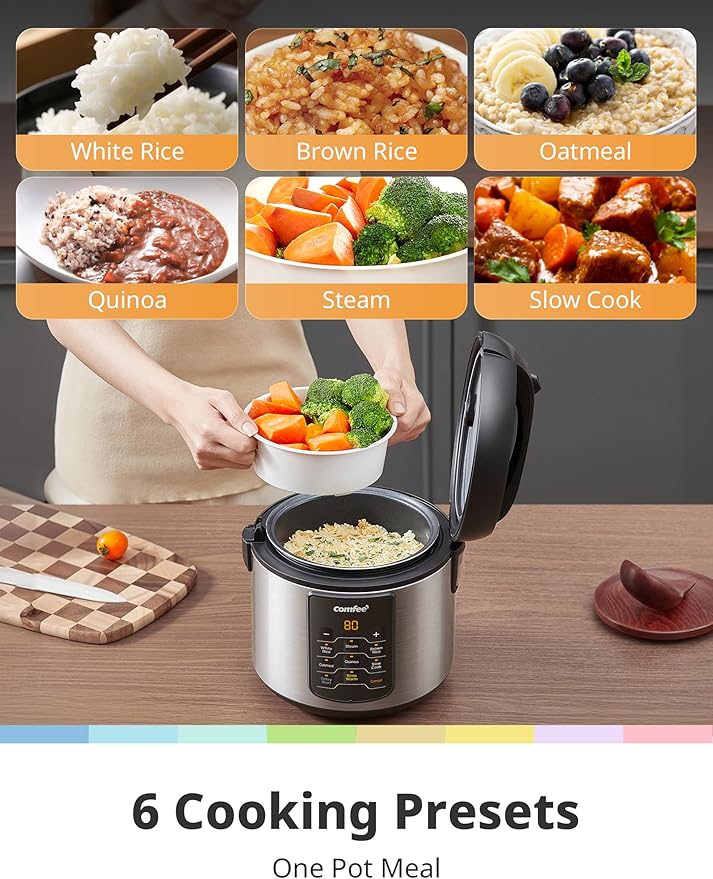 COMFEE' Compact Rice Cooker, 6-in-1 Stainless Steel Multi Cooker, Slow Cooker