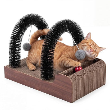 Sadnyy Cat Self Groomer with 2 Arch Grooming Brushes and Scratcher Pad, for Cat Back and Face Scratcher Massager with 2 Plush Balls, Pet Rubbing Post for Indoor Outdoor Kitten Small Dog