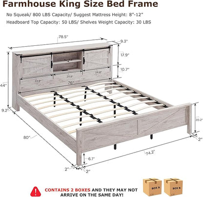 T4TREAM Farmhouse King Size Bed Frame w/Storage Bookcase Headboard, Sliding Barn Door, Charging Station, Rustic Wood Platform Bed w/Wood Slats Support, No Box Spring Needed, Antique Brush White