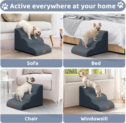 Dog Ramp and Stair for Bed 16" H-20 H,3-Step Cat Stair for Sofa and Chair,4-Step Dog Ramp for High Bed and Window,Durable Nonslip Fabric Cover for Indoor (Dark Grey-16 H, Pet Friendly, 3)