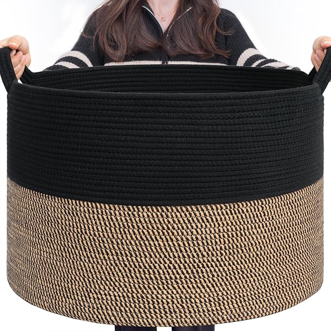INDRESSME Large Storage Baskets for Organizing, 21.7 x 13.8 Blanket Basket Living Room Dog Toy Bin, Woven Laundry Basket for Dirty Clothes, Pillows, Towel, 90L Mix Black