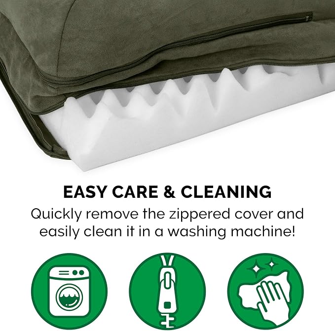 Furhaven Orthopedic Dog Bed for Large/Medium Dogs w/ Removable Bolsters & Washable Cover, For Dogs Up to 55 lbs - Two-Tone Plush Faux Fur & Suede L Shaped Chaise - Dark Sage, Large